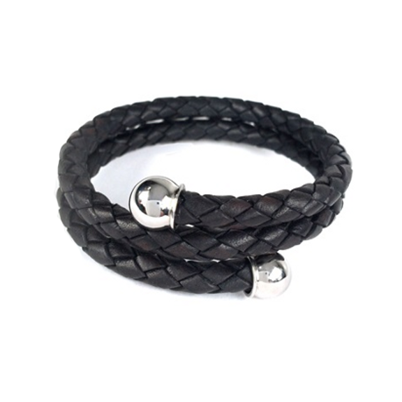 Bolo Braid Leather Bypass Bracelet with Stainless Steel Ball Caps