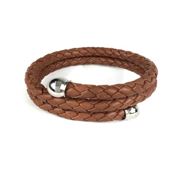 Bolo Braid Leather Bypass Bracelet with Stainless Steel Ball Caps