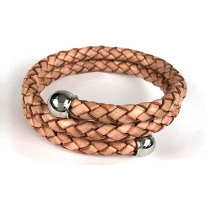 Bolo Braid Leather Bypass Bracelet with Stainless Steel Ball Caps