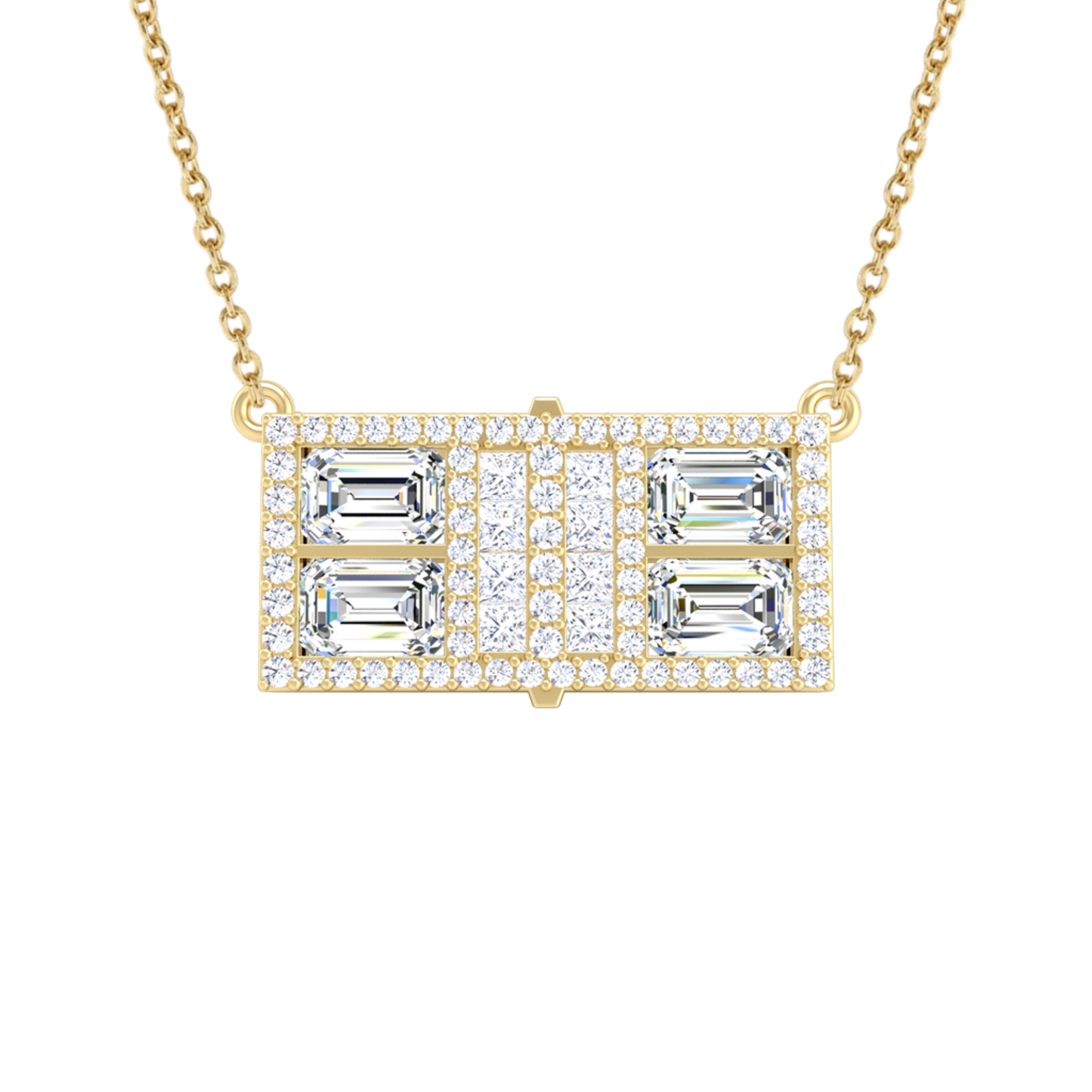 Pickleball Court Necklace 14kt w/LG Dia Frame & Emer cut and Prin cut LG Dia or .925 Silver w/CZ, w/attached Chain