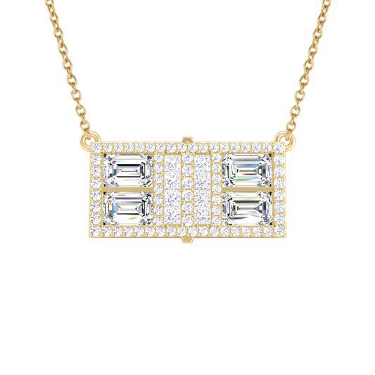 Pickleball Court Necklace 14kt w/LG Dia Frame & Emer cut and Prin cut LG Dia or .925 Silver w/CZ, w/attached Chain