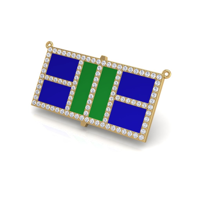 Pickleball Court 14kt w/LG Diamond Frame and Enameled Centers or .925 Silver w/CZ Frame w/attached Chain