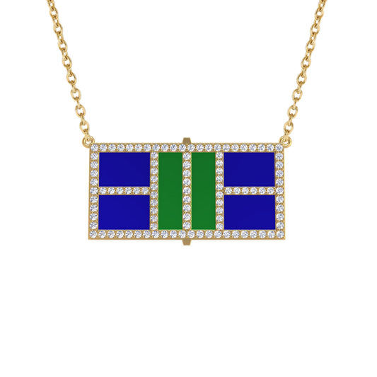Pickleball Court 14kt w/LG Diamond Frame and Enameled Centers or .925 Silver w/CZ Frame w/attached Chain