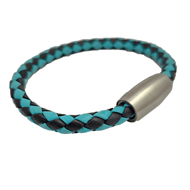 Team Color Bolo Braid Leather Bracelet Teal & Black with Magnetic Clasp